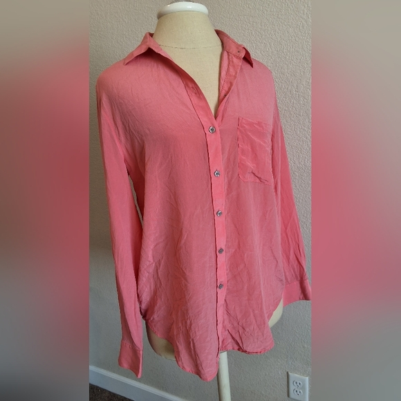100% SILK ANN TAYLOR Button Up Long Sleeve Pocket Shirt/ Blouse Med Pink - Picture 4 of 13